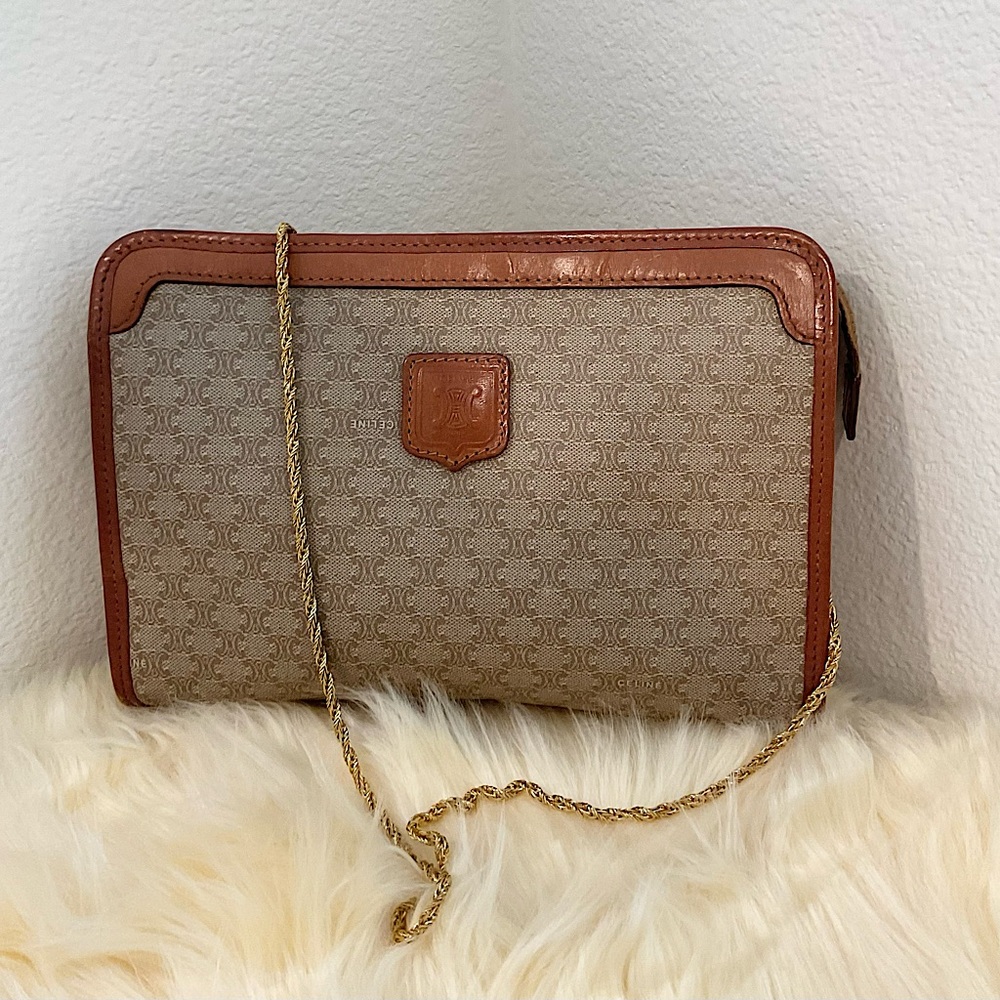 Celine Canvas Monogram Crossbody Bag in Beige and Brown with Gold Chain